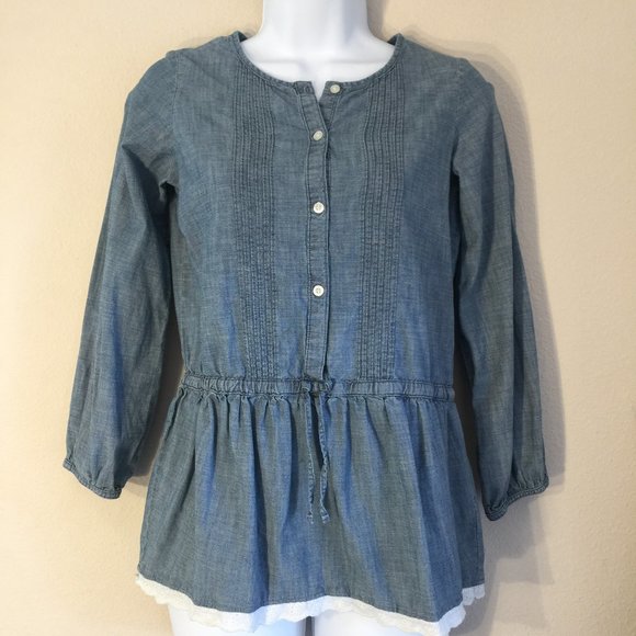 Lands' End Chambray denim cotton lace trim 3/4 sleeve top L - Picture 1 of 10